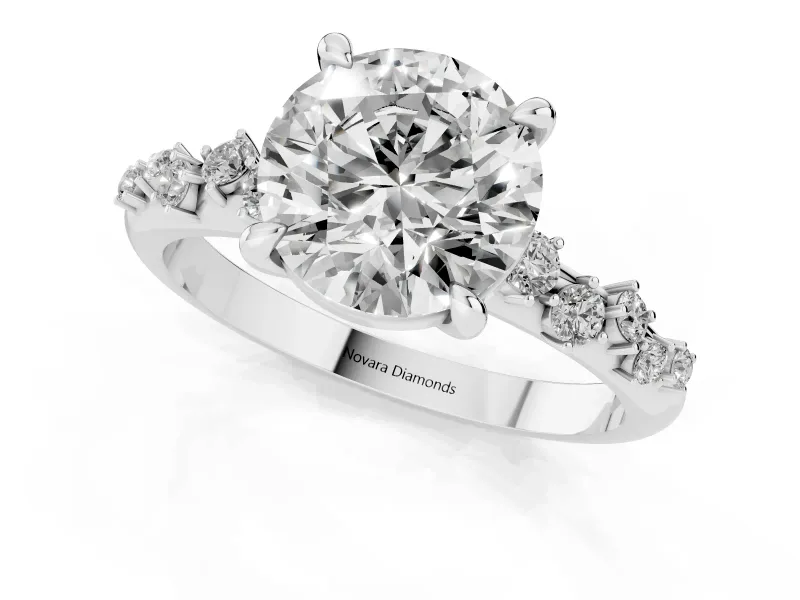 Round Cut Diamond Solitaire Vine Band Ring Set in White gold with Round Accents and Prong Setting