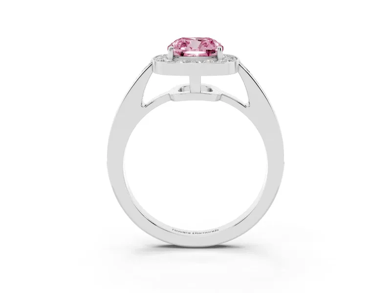 Fancy Pink Cushion Cut Diamond Halo Pavé Engagement Ring Set in Silver with Bezel Setting