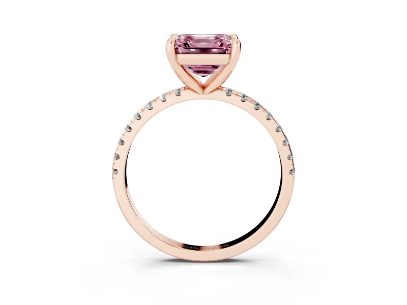 Fancy Pink Asscher Cut Diamond Brilliant Solitaire Ring Set in Rose gold with Pavé Band and Prong Setting