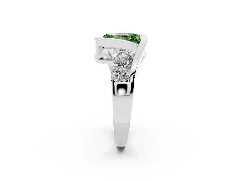 Fancy Green Radiant Cut Diamond Bezel Bypass Ring Set in White gold with Round Accents