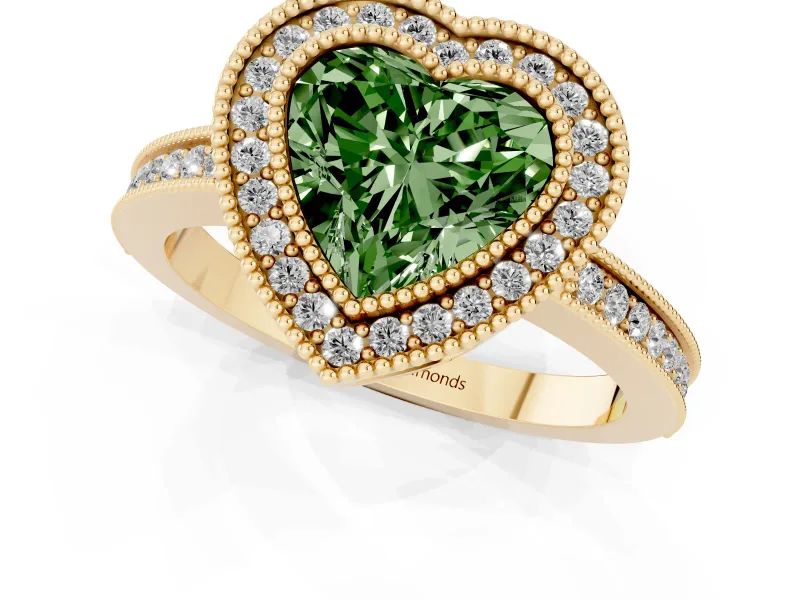 Fancy Green Heart Cut Diamond Halo Ring Set in Yellow gold with Pavé Band and Milgrain-Edged Prongs