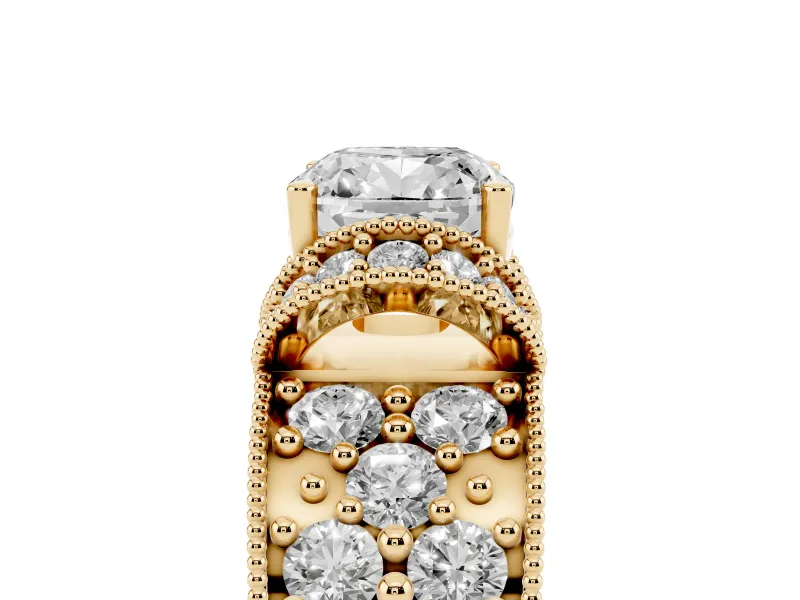 Cushion Cut Vintage Milgrain Pave Engagement Ring Setting | Crescent Side Rows | Yellow Gold