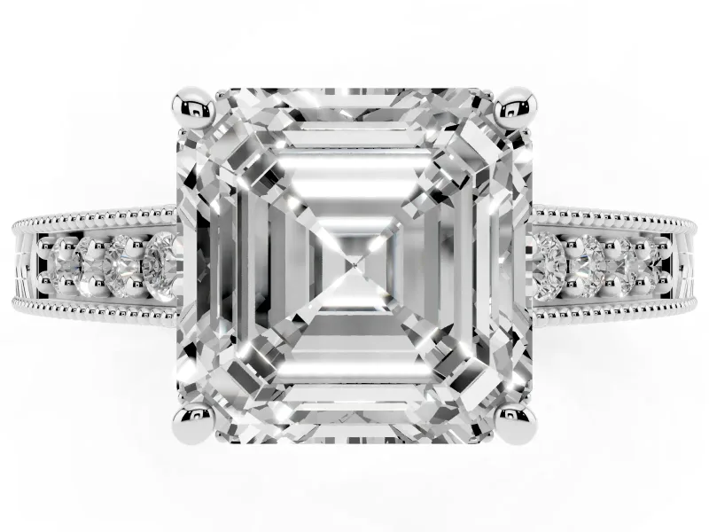 Asscher Cut Vintage Engraved Solitaire Engagement Ring Setting | Milgrain Pavé | Platinum