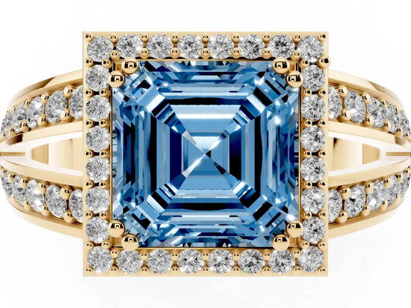 Asscher Cut Halo Engagement Ring Setting for a Fancy Blue Lab-Grown Diamond | Two-Row Pave Split Shank | Yellow Gold