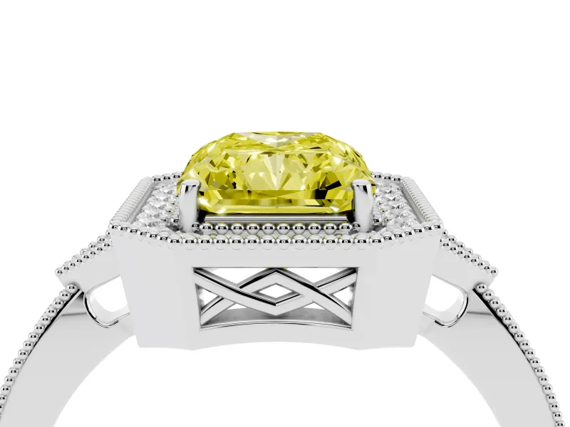 Fancy Yellow Radiant Cut Diamond Halo Engagement Ring Set in Platinum with Milgrain Pavé Band
