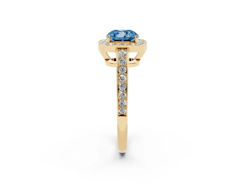 Cushion Cut Framed Halo Engagement Ring Setting for a Fancy Blue Lab-Grown Diamond | Yellow Gold