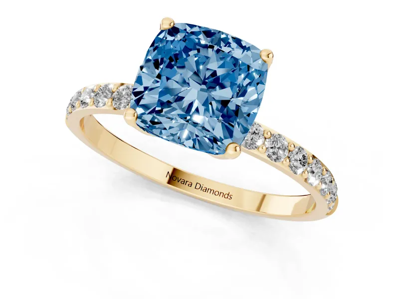 Cushion Cut Pave Solitaire Engagement Ring Setting for a Fancy Blue Lab-Grown Diamond | Slim Band | Yellow Gold