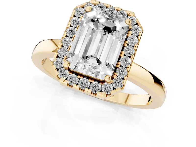 Emerald Cut Diamond Halo Solitaire Ring Set in Yellow gold with Pavé Band and Prong Setting