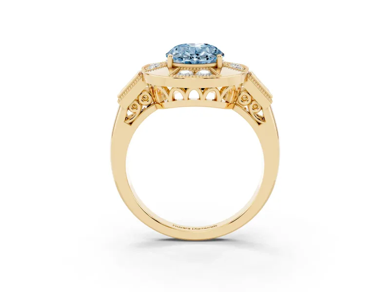 Oval Milgrain Sectioned Halo Engagement Ring Setting for a Fancy Blue Lab-Grown Diamond | Yellow Gold