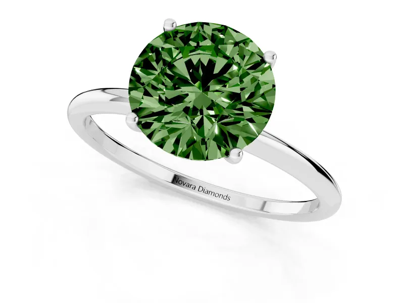 Fancy Green Round Cut Diamond Solitaire Engagement Ring Set in White gold with Thin Band and Prong Setting