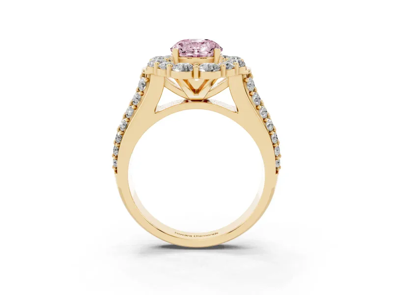 Fancy Pink Oval Cut Diamond Halo Engagement Ring Set in Yellow gold with Split Shank and Prong Setting