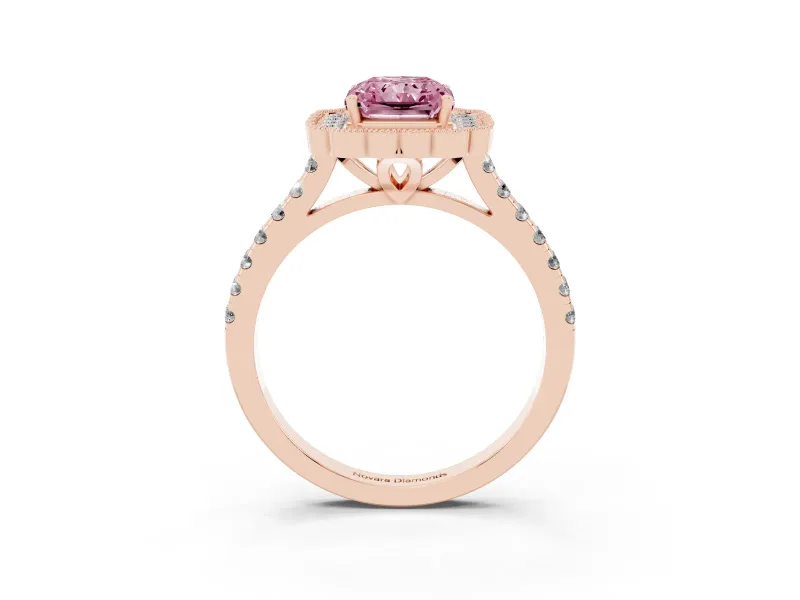 Fancy Pink Radiant Cut Diamond Milgrain Floral Halo Engagement Ring Set in Rose gold with Pavé Band