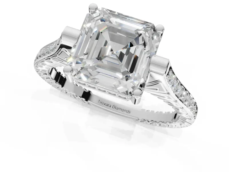 Asscher Cut Vintage Cathedral Engagement Ring Setting | Carved Band | Platinum