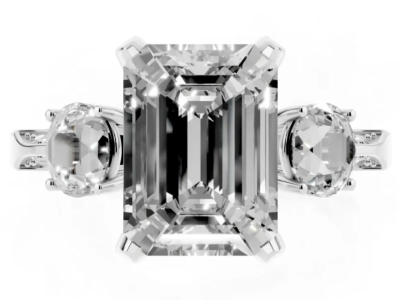 Emerald Cut Hidden Halo Three Stone Engagement Ring Setting for a Black Center | White Gold