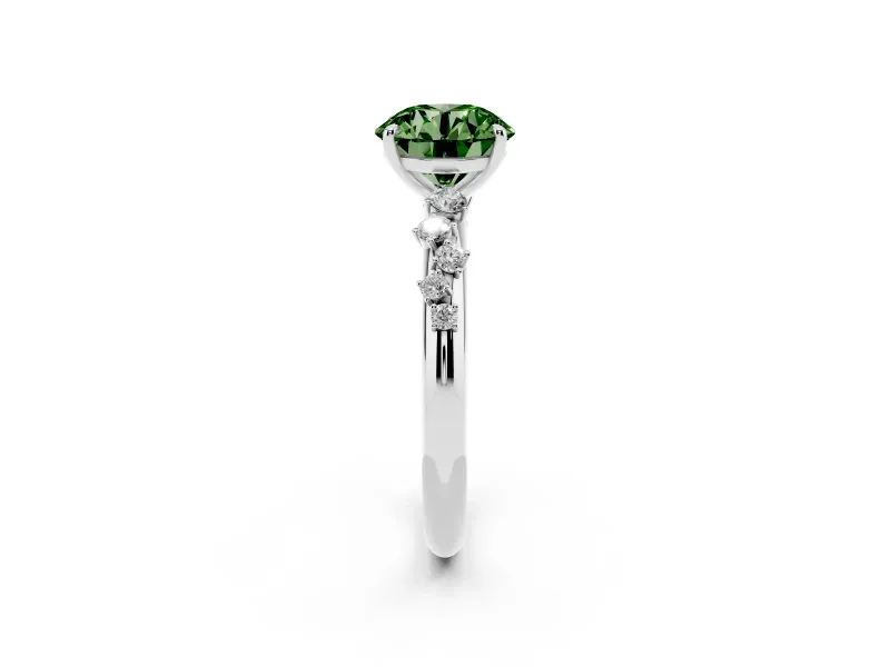Fancy Green Round Cut Diamond Cluster Solitaire Ring Set in White gold with Prong Setting