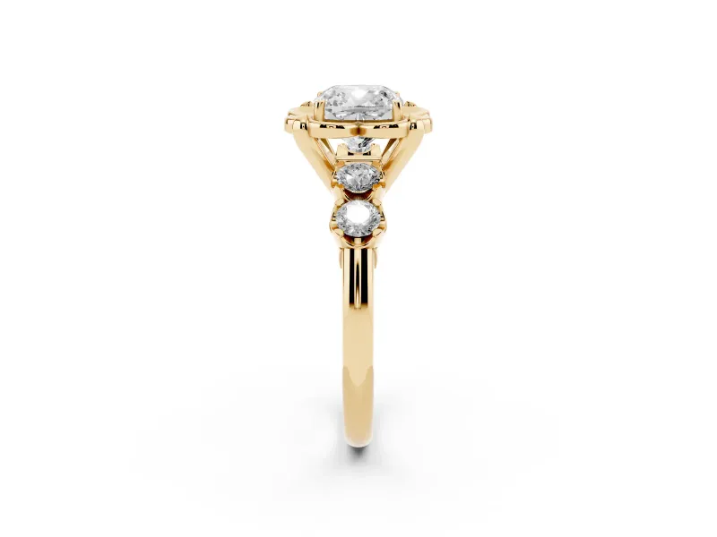 Cushion Cut Floral Engagement Ring Setting | Petal Frame and Side Stones | Yellow Gold