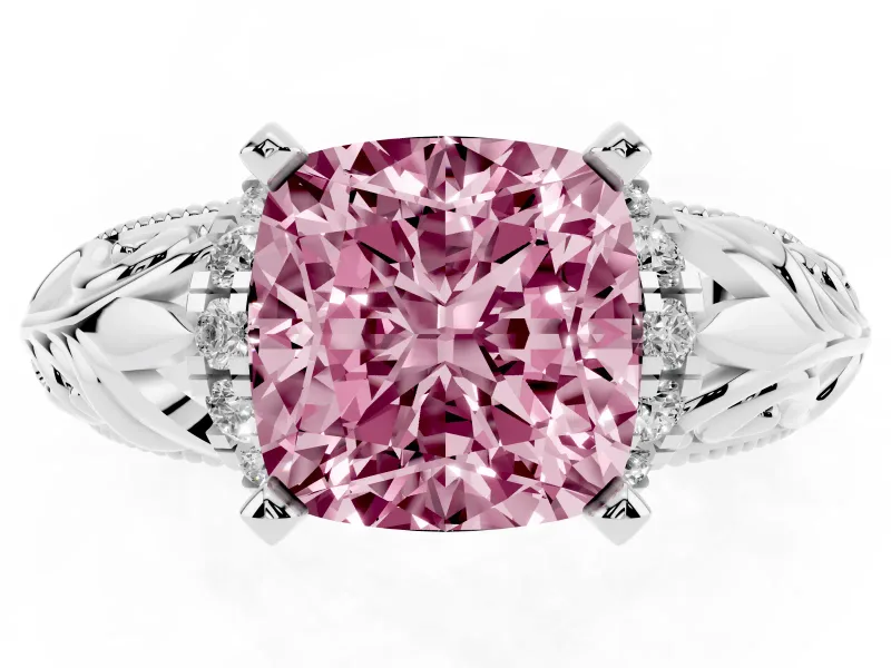 Fancy Pink Cushion Cut Diamond Filigree Halo Engagement Ring Set in Silver with Prong Setting
