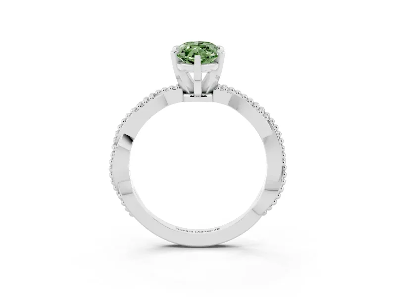 Fancy Green Marquise Cut Diamond Solitaire Ring Set in Silver with Twisted Band and Bead Prong Setting