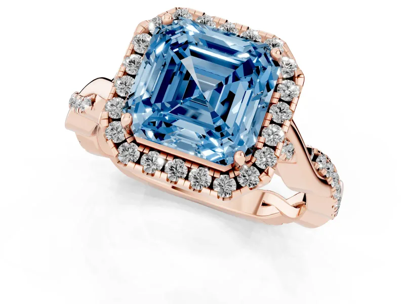 Asscher Cut Twist Halo Engagement Ring Setting for a Fancy Blue Lab-Grown Diamond | Rose Gold