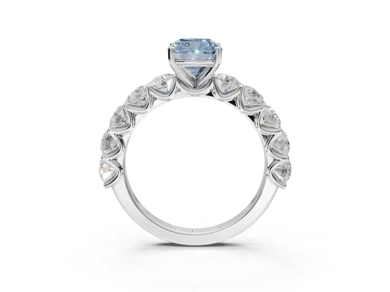Cushion Cut Side Stone Engagement Ring Setting for a Fancy Blue Lab-Grown Diamond | Scalloped Prong Accents | Platinum