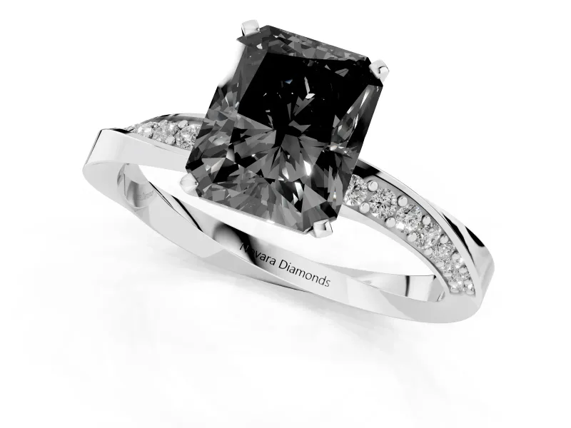 Fancy Black Radiant Cut Diamond Engagement Ring Set in Silver with Side Stone Accents and Prong Setting