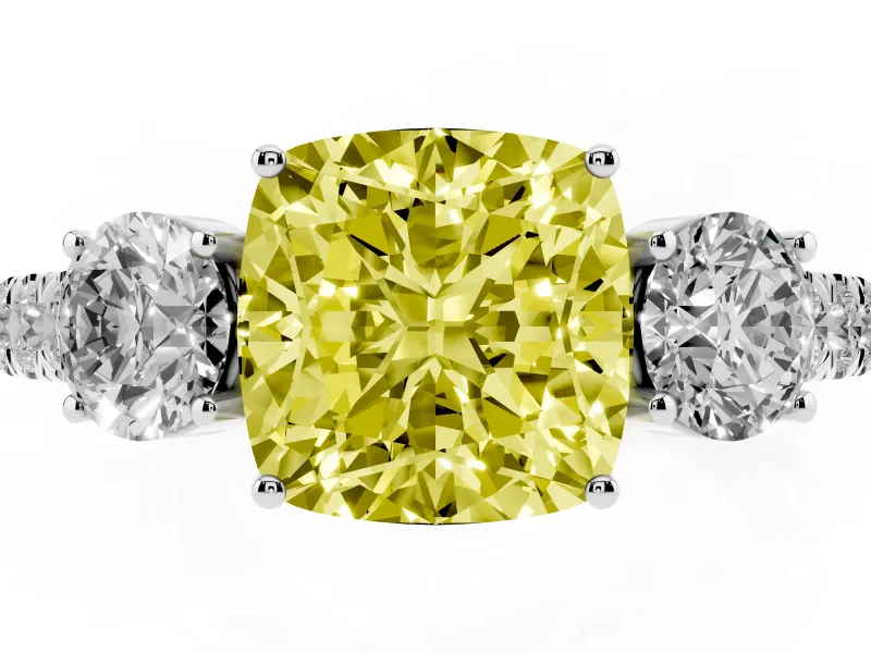 Cushion Cut Engagement Ring Setting for a Fancy Yellow Lab-Grown Diamond | Three Stone | Sterling Silver