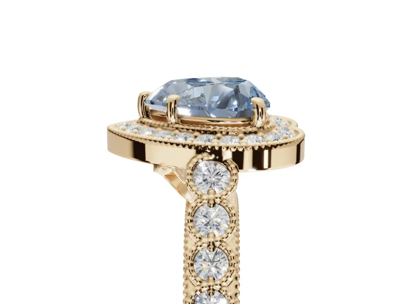 Fancy Blue Heart-Shaped Lab-Grown Diamond Milgrain Halo Solitaire Ring Set in Yellow Gold with Bezel Set Side Stones and Pavé Band