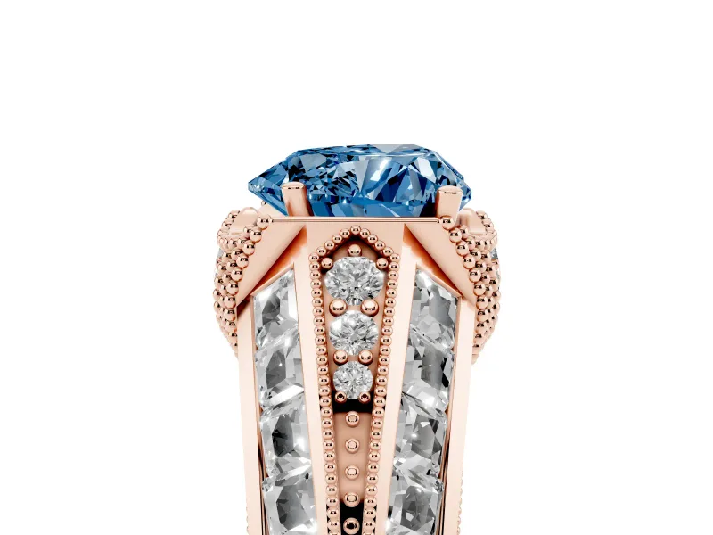Fancy Blue Heart Cut Diamond Vintage-Inspired Milgrain Ring Set in Rose gold with Accent Split Shank