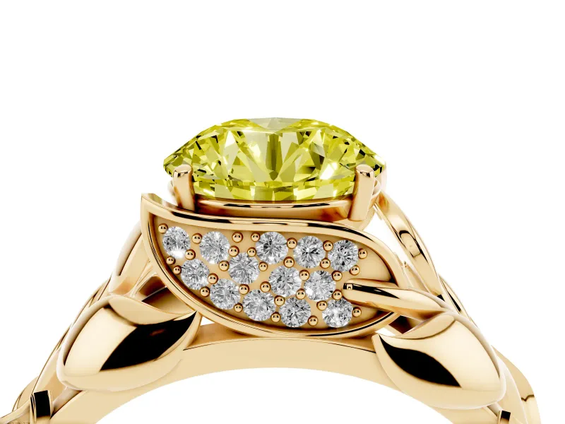 Fancy Yellow Round Cut Diamond Leaf-Inspired Engagement Ring Set in Yellow gold with Round Accents