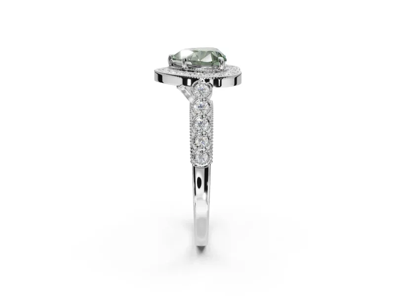 Fancy Green Heart-Shaped Lab-Grown Diamond Milgrain Halo Solitaire Ring Set in Platinum with Bezel Set Side Stones and Pavé Band