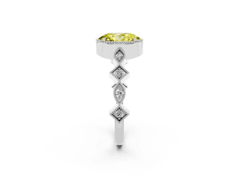 Fancy Yellow Oval Cut Diamond Milgrain Marquise Twist Band Ring Set in White gold with Prong Setting