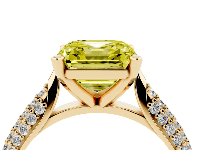 Fancy Yellow Asscher Cut Diamond Solitaire Engagement Ring Set in Yellow gold with Multi-Row Round Pavé Band and Prong Setting