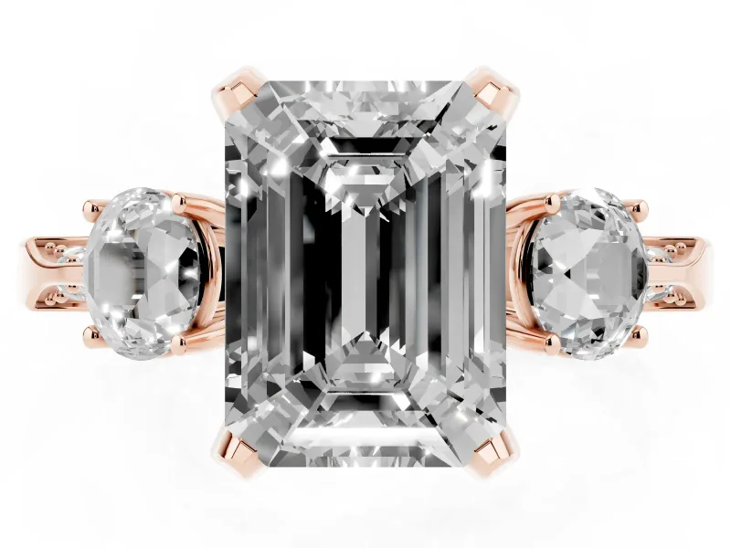 Emerald Cut Hidden Halo Three Stone Engagement Ring Setting for a Black Center | Rose Gold