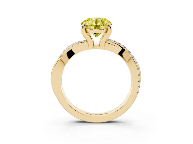 Fancy Yellow Round Cut Diamond Twist Band Solitaire Set in Yellow gold with Pavé Accents and Prong Setting