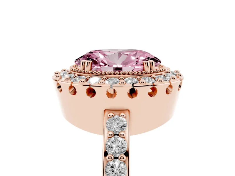 Fancy Pink Oval Cut Diamond Halo Ring Set in Rose gold with Pavé Shank and Prong Setting