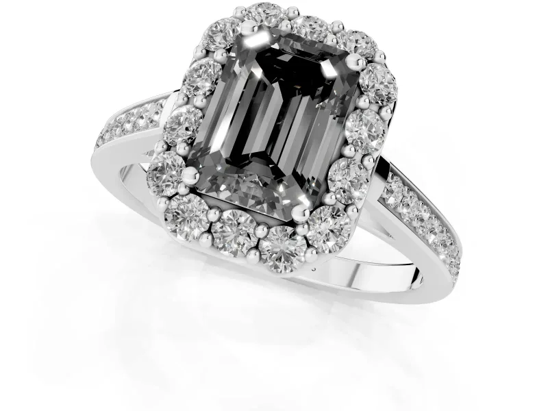 Fancy Black Emerald Cut Diamond Floral Halo Ring Set in White gold with Pavé Band and Prong Setting