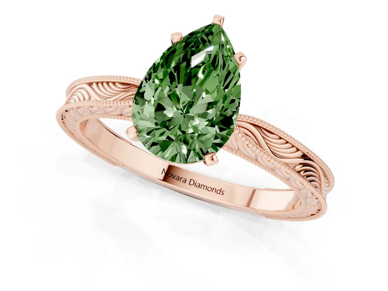 Fancy Green Pear Cut Diamond Solitaire Milgrain Engraved Band Set in Rose gold with Prong Setting