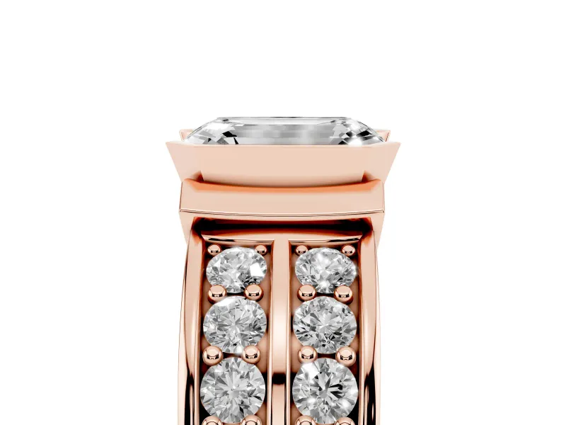 Emerald Cut Half Bezel Engagement Ring Setting | Double Row Channel Band | Rose Gold