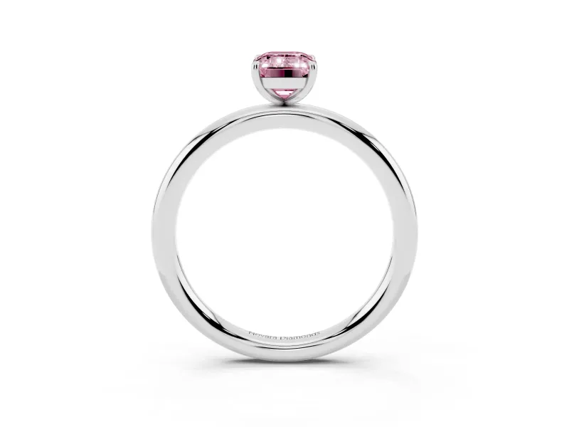 Fancy Pink Emerald Cut Diamond Solitaire Ring Set in White gold with Prong Setting on a Polished Plain Band