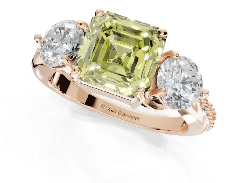 Asscher Cut Three Stone Engagement Ring Setting for a Fancy Yellow Lab-Grown Diamond | Tapered Pave Band | Rose Gold