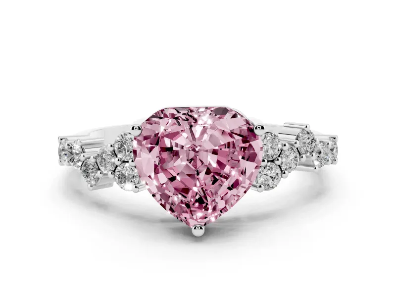 Fancy Pink Heart Cut Diamond Ring Set in Silver with Scattered Round Accents