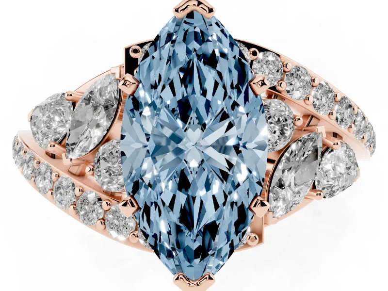 Fancy Blue Marquise Cut Diamond Halo Ring Set in Rose gold with Marquise and Pavé Band in Prong Setting