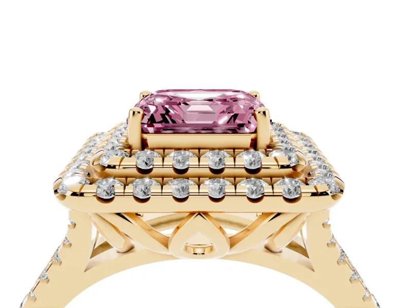Asscher Cut Halo Split Shank Engagement Ring Setting for a Fancy Pink Lab-Grown Diamond | Pavé Strands | Yellow Gold