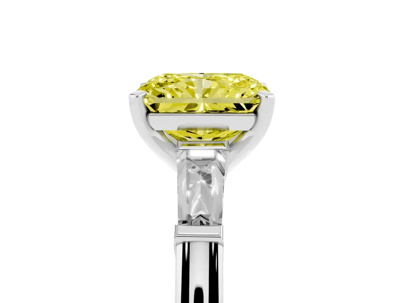 Radiant Cut Three Stone Engagement Ring Setting for a Fancy Yellow Lab-Grown Diamond | Tapered Baguettes | White Gold