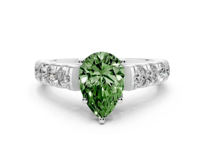 Fancy Green Pear Cut Diamond Solitaire Ring Set in Platinum with Cut-Down Micro Pavé Band and Prong Setting