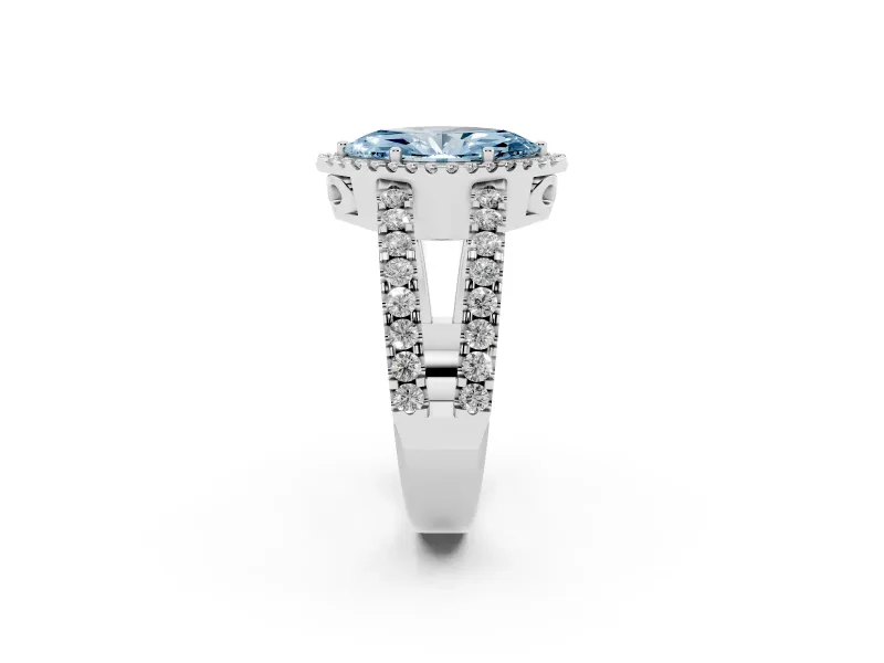 Fancy Blue Marquise Cut Diamond Halo Ring Set in White gold with Pavé Split Shank and Prong Setting