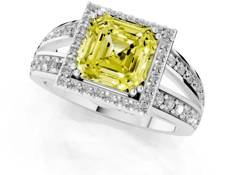 Asscher Cut Halo Engagement Ring Setting for a Fancy Yellow Lab-Grown Diamond | Pave Split Shank | Sterling Silver