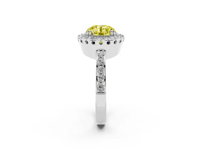 Round Milgrain Halo Engagement Ring Setting for a Fancy Yellow Lab-Grown Diamond | Pavé Shoulders | Sterling Silver