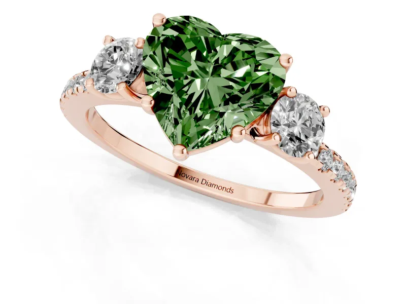 Heart-Shaped Three Stone Engagement Ring Setting for a Fancy Green Lab-Grown Diamond | Pave Shoulders | Rose Gold