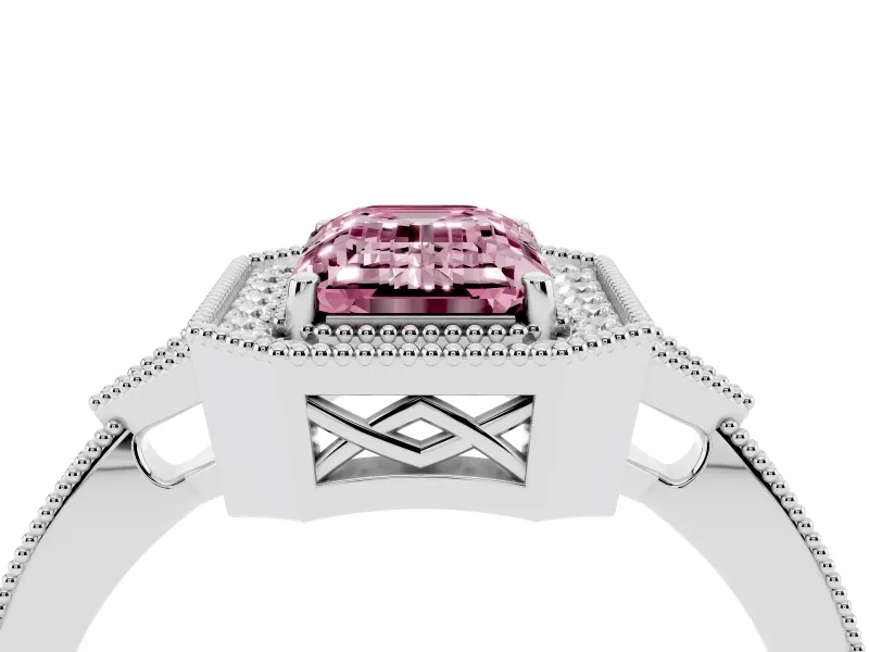 Fancy Pink Emerald Cut Diamond Halo Engagement Ring Set in Platinum with Milgrain Pavé Band